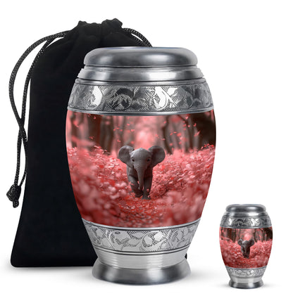 Elephant Urn for Human Ashes, Baby Elephant in Pink Foliage on Mauve, Memorial Urn