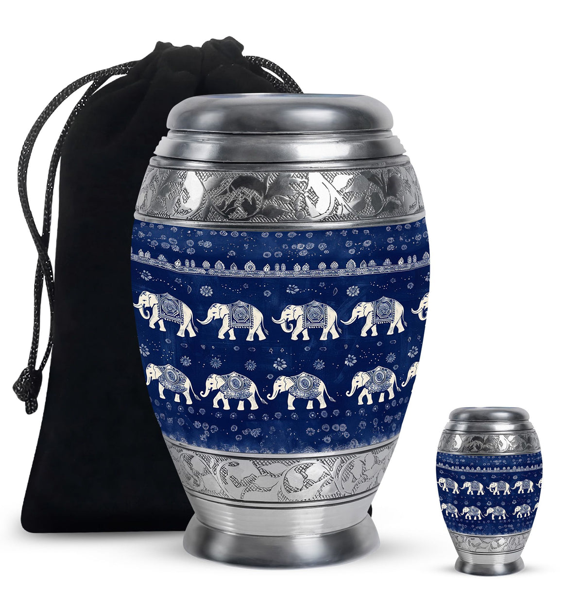 Elephant Urn for Human Ashes, Navy Blue with Repeating Elephant Print, Memorial Urn