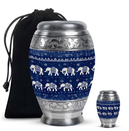 Elephant Urn for Human Ashes, Navy Blue with Repeating Elephant Print, Memorial Urn