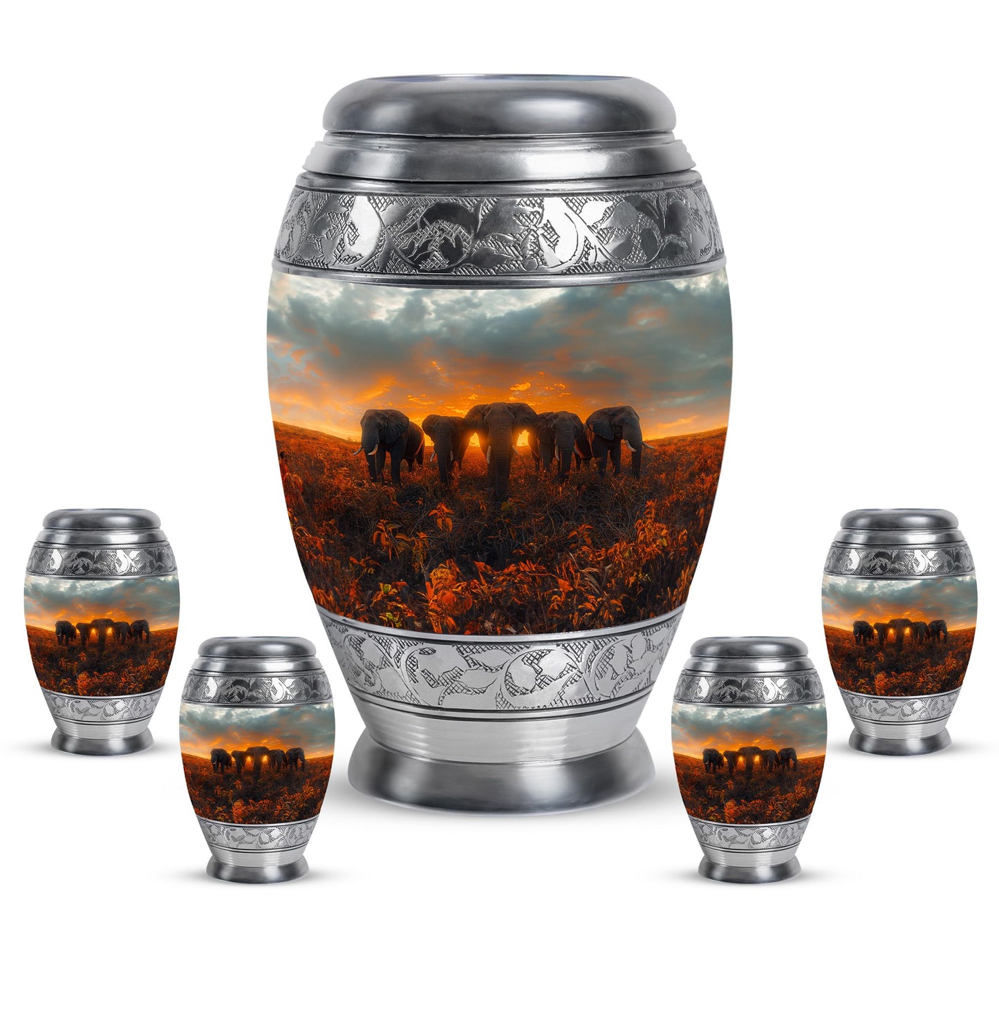 Elephant Family Theme Large Urn With 4 Keepsake Urn