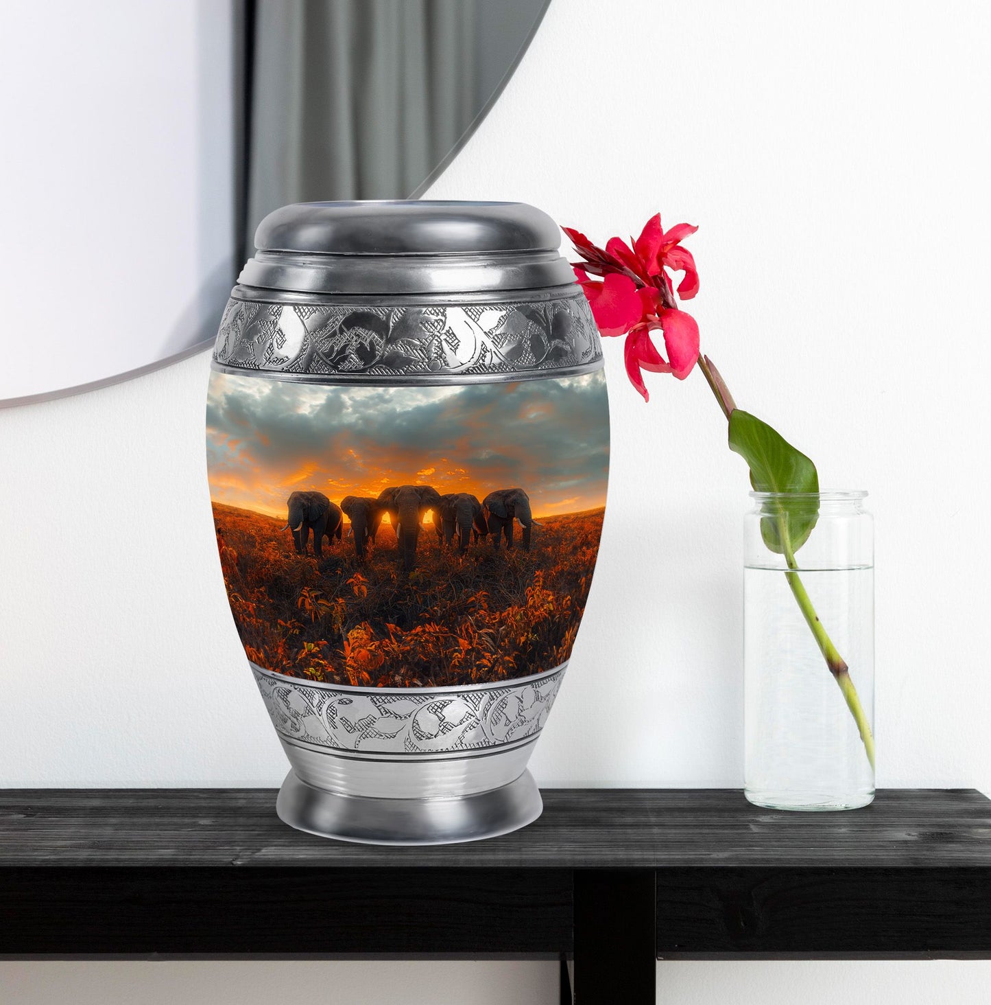 Elephant Family Theme Large Urn With 1 Keepsake Urn