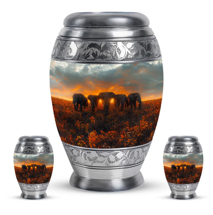 Elephant Family Theme Large Urn With 2 Keepsake Urn
