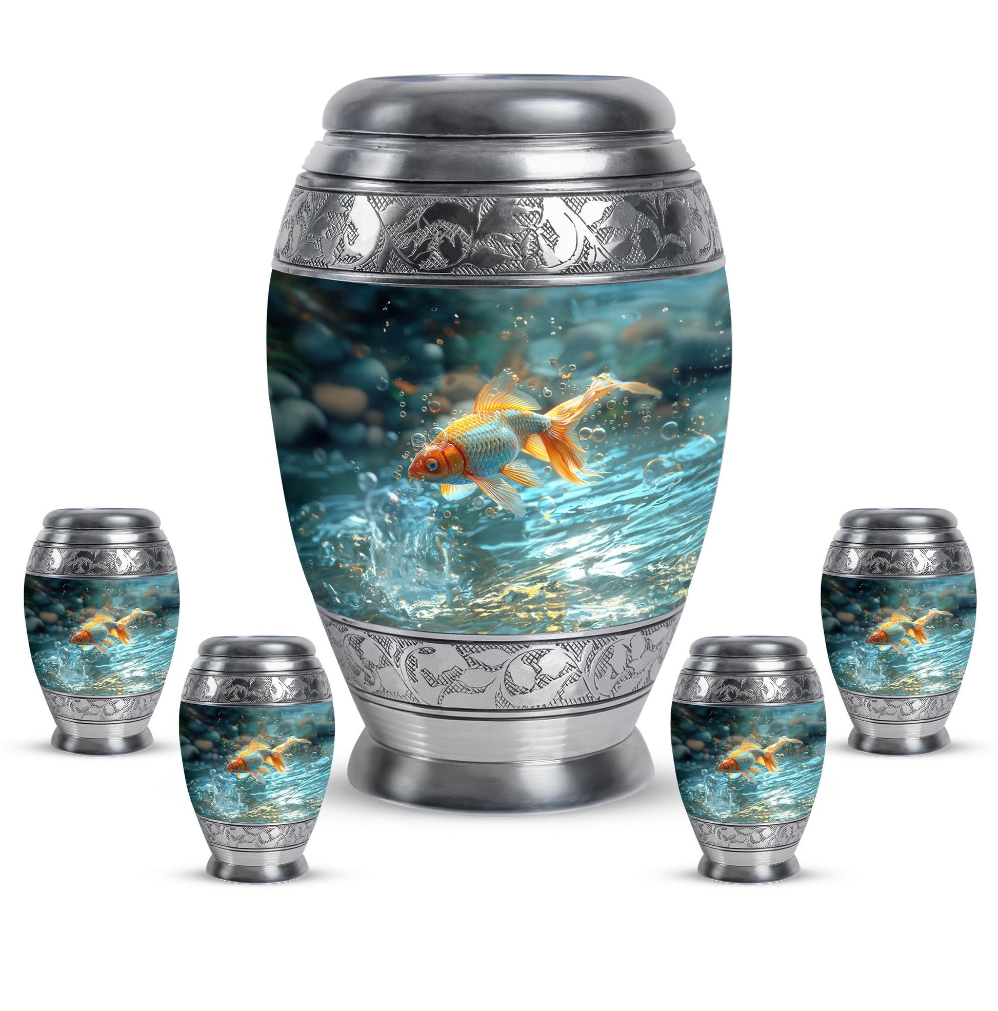 Gold Fish Theme Large Urn With 4 Keepsake Urn