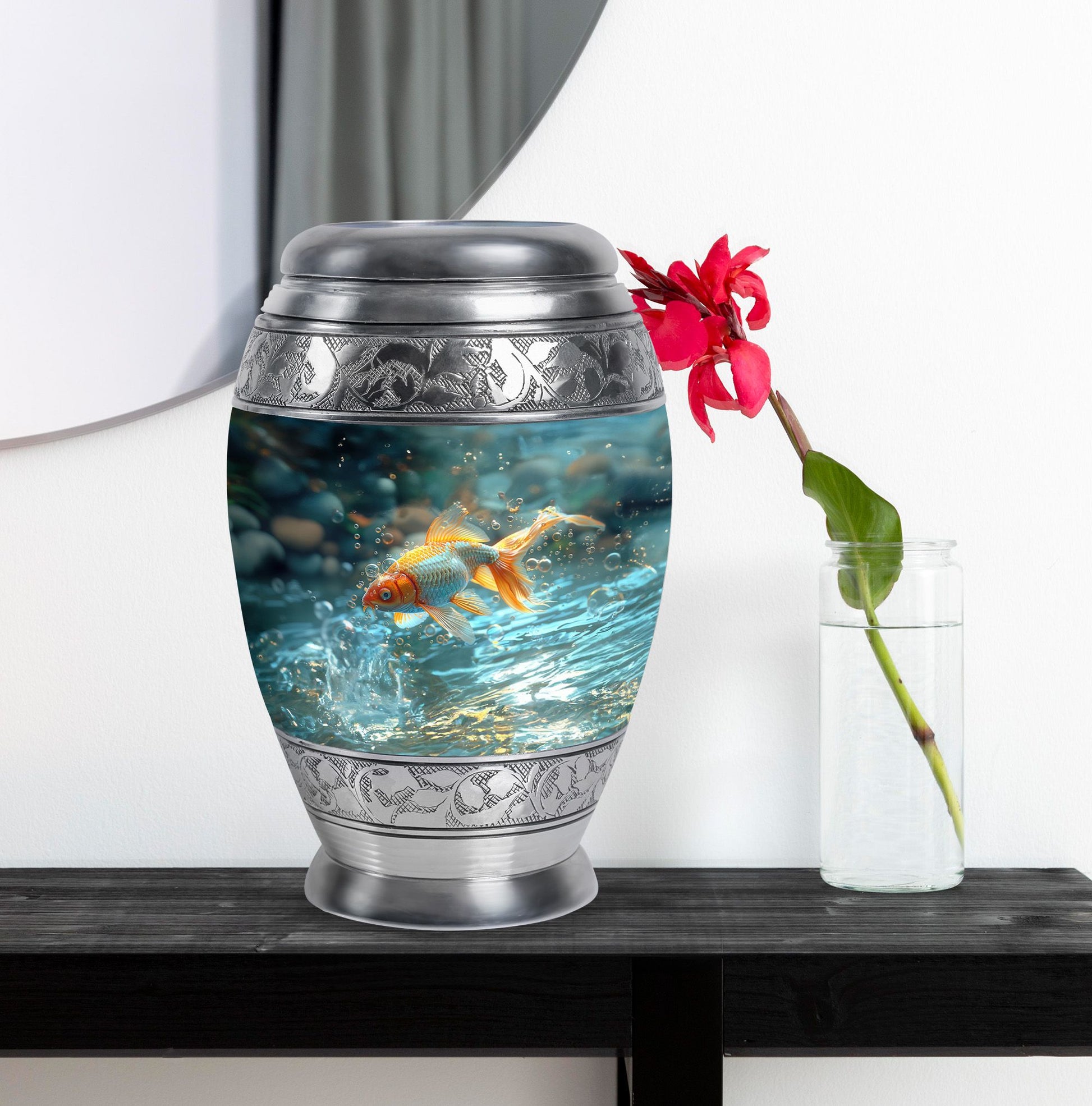 Gold Fish Theme Large Urn With 1 Keepsake Urn