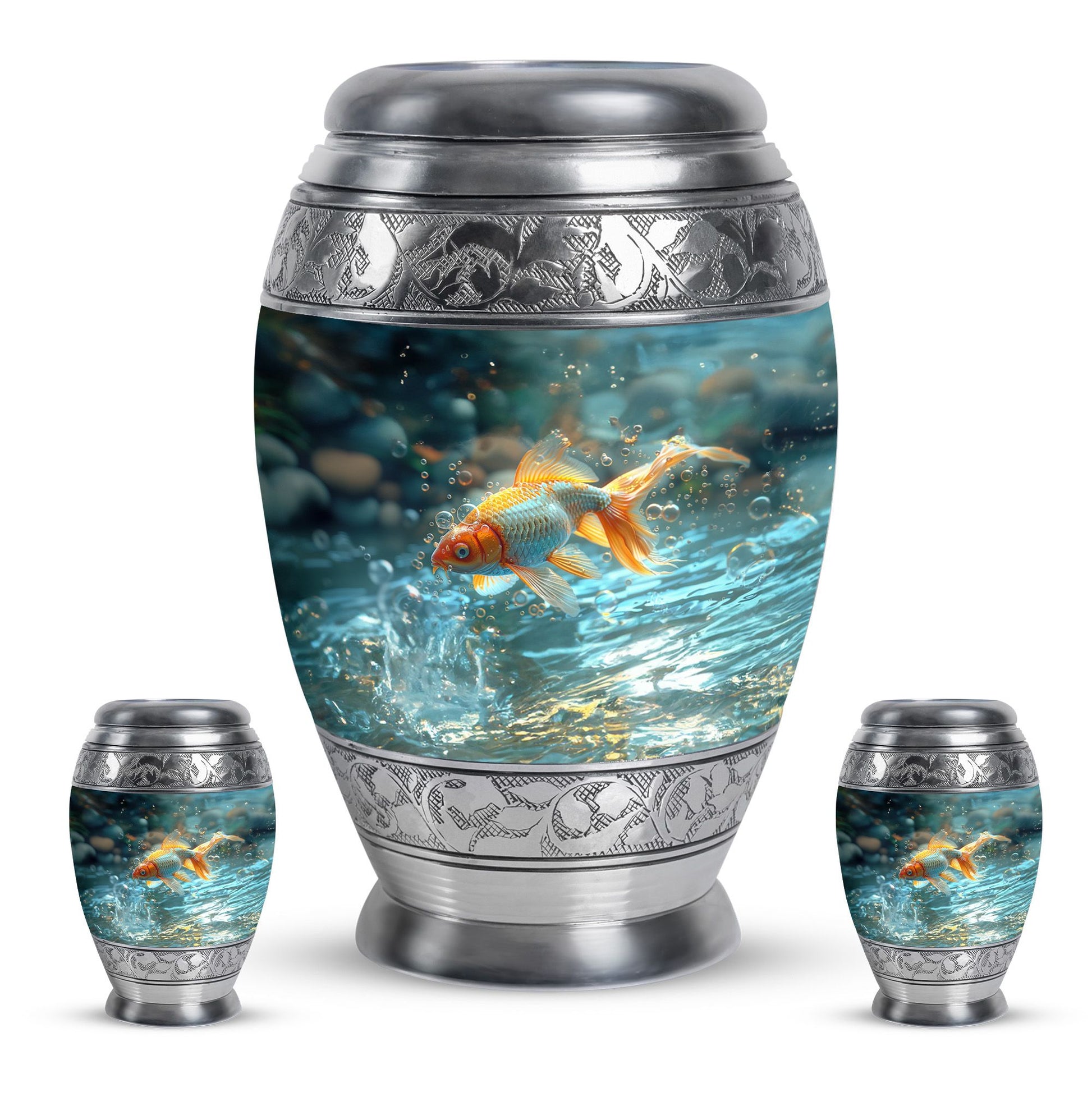 Gold Fish Theme Large Urn With 2 Keepsake Urn