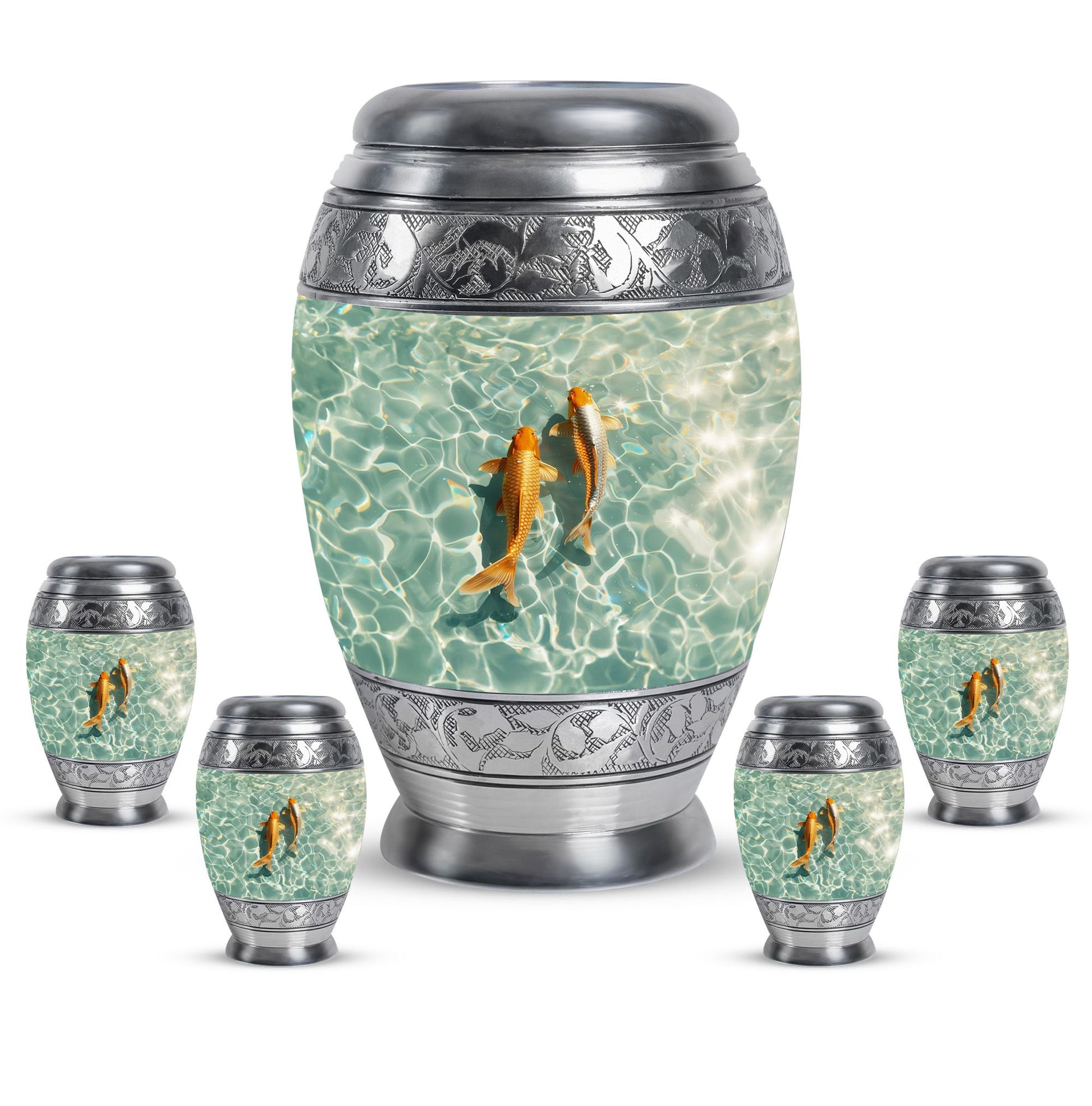 Gold Fish Theme Large Urn With 4 Keepsake Urn