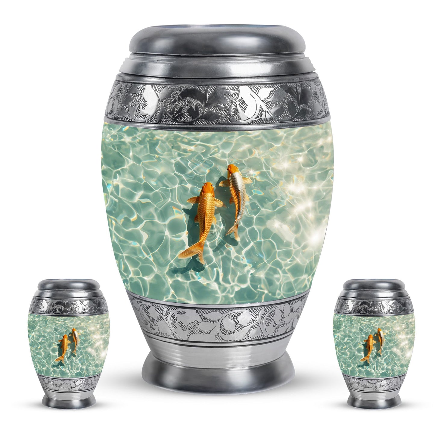 Gold Fish Theme Large Urn With 2 Keepsake Urn