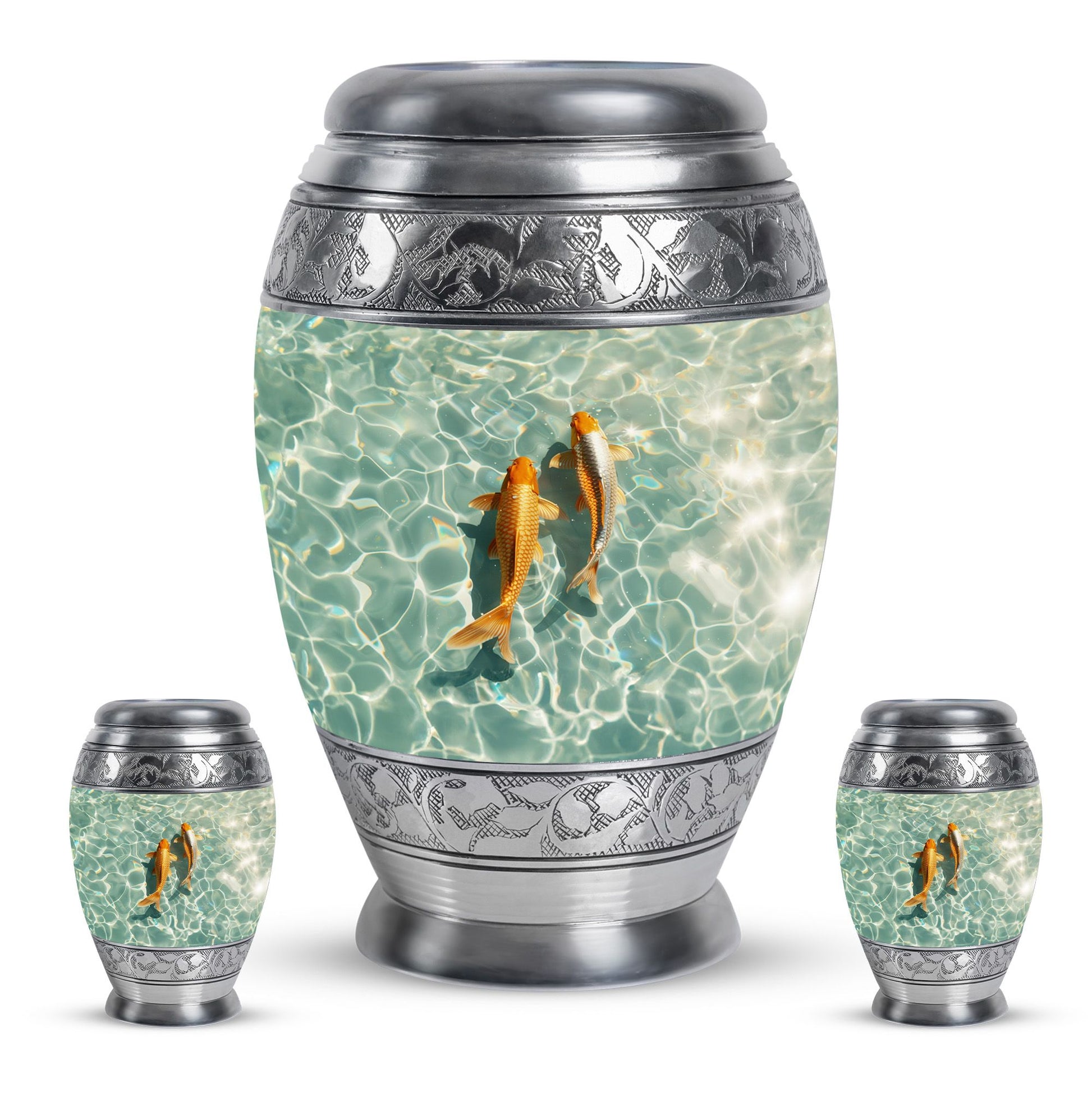 Gold Fish Theme Large Urn With 2 Keepsake Urn