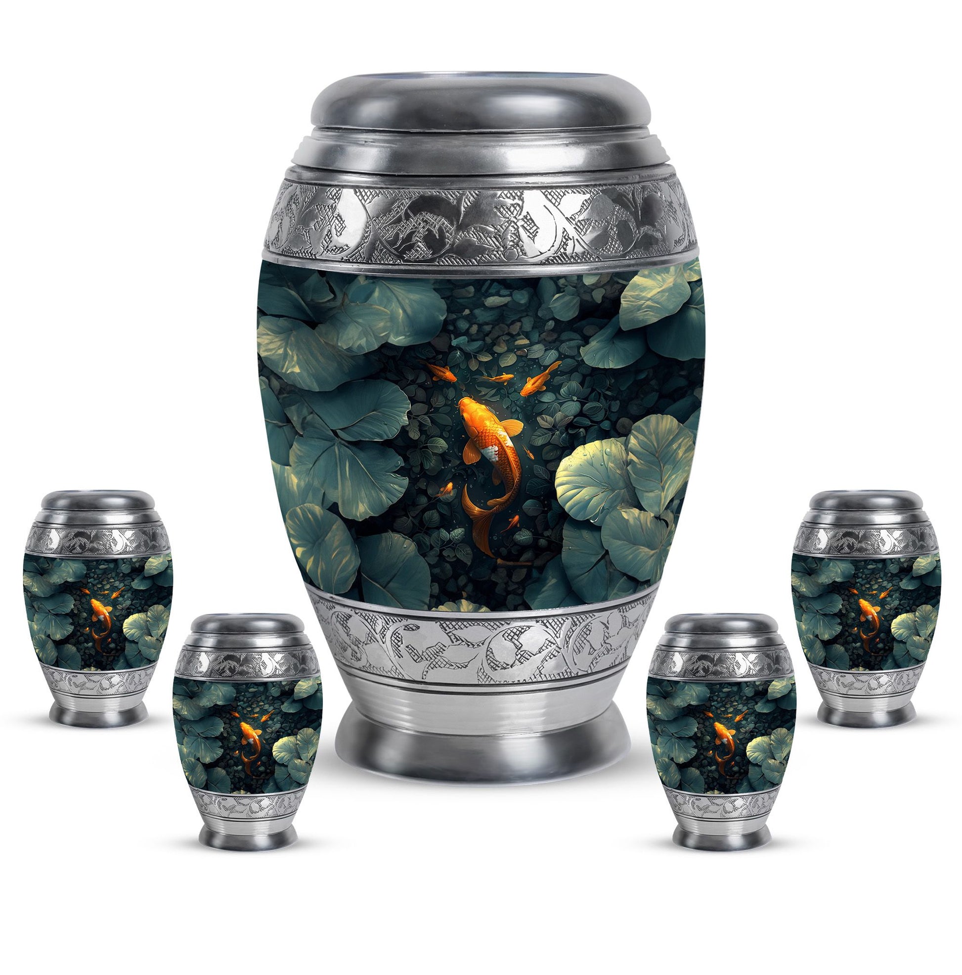 Gold Fish Theme Large Urn With 4 Keepsake Urn