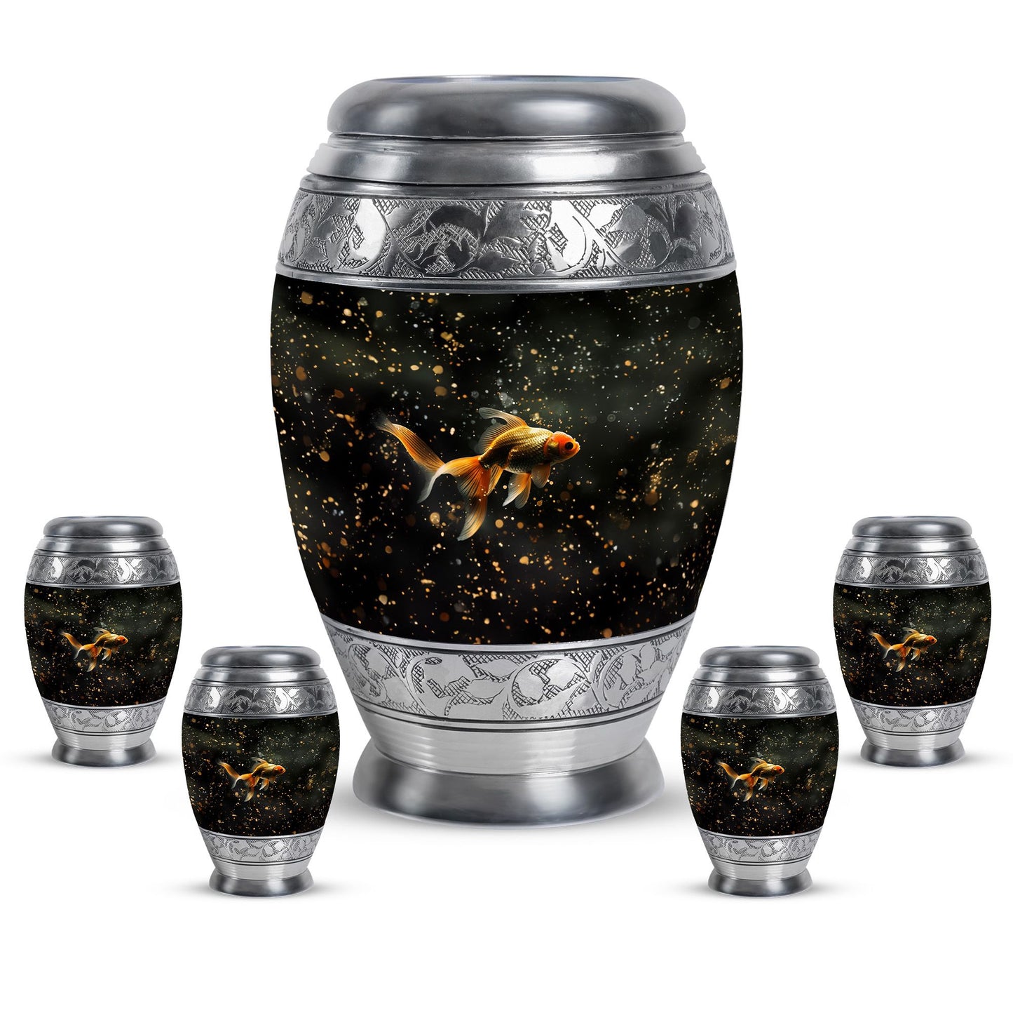 Gold Fish Theme Large Urn With 4 Keepsake Urn