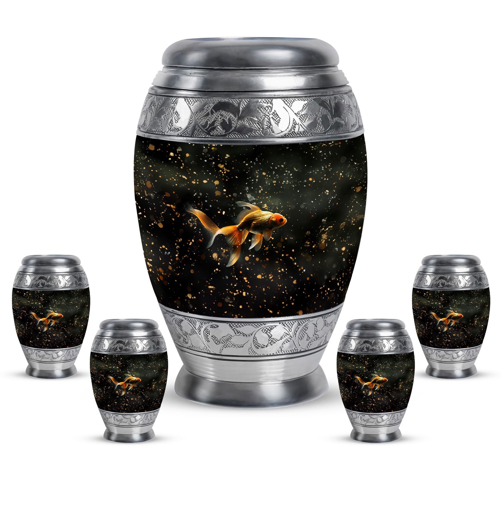 Gold Fish Theme Large Urn With 4 Keepsake Urn