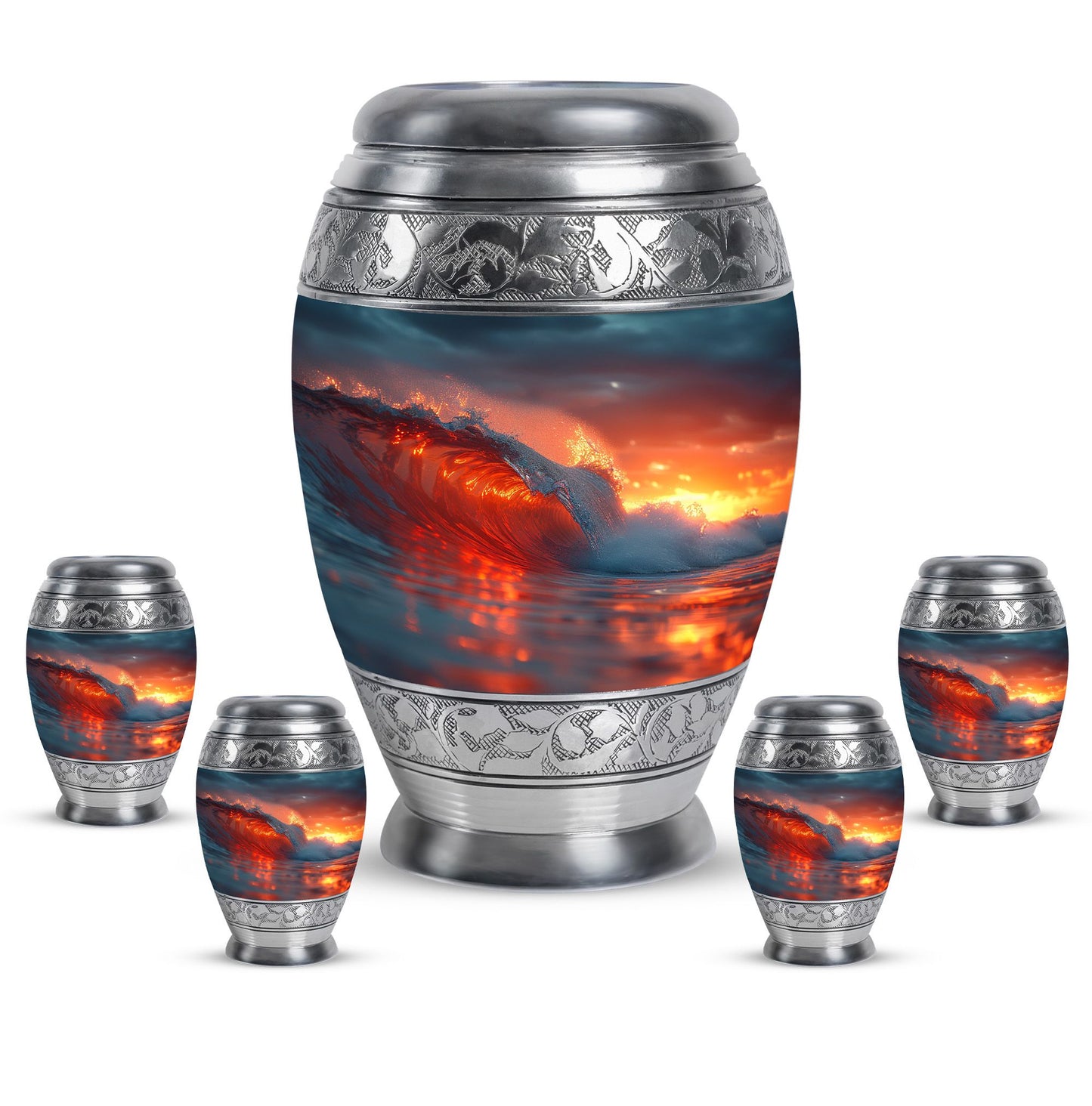 Ocean Waves Theme Large Urn With 4 Keepsake Urn