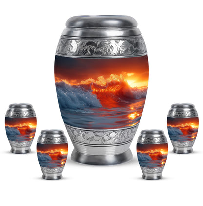 Ocean Waves Theme Large Urn With 4 Keepsake Urn