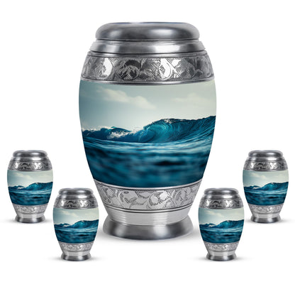 Ocean Waves Theme Large Urn With 4 Keepsake Urn