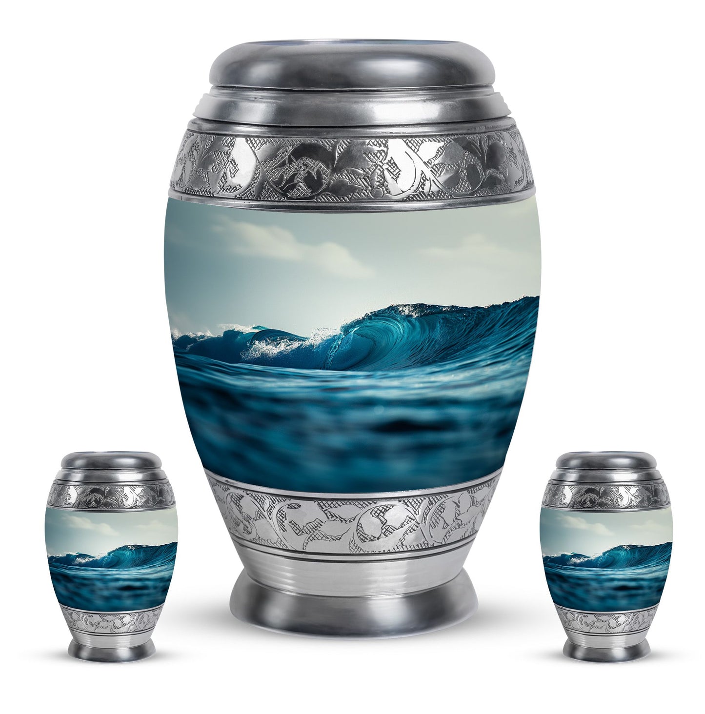 Ocean Waves Theme Large Urn With 2 Keepsake Urn