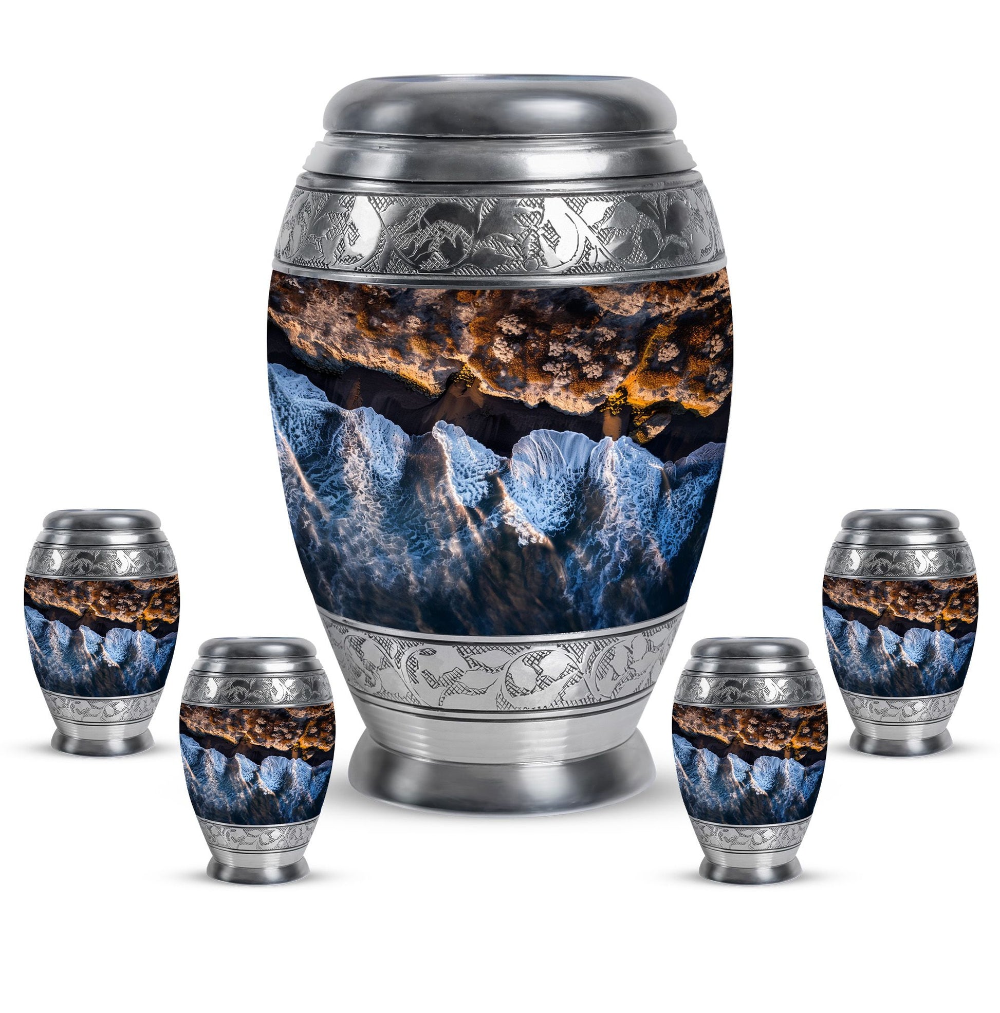 Ocean Waves Theme Large Urn With 4 Keepsake Urn