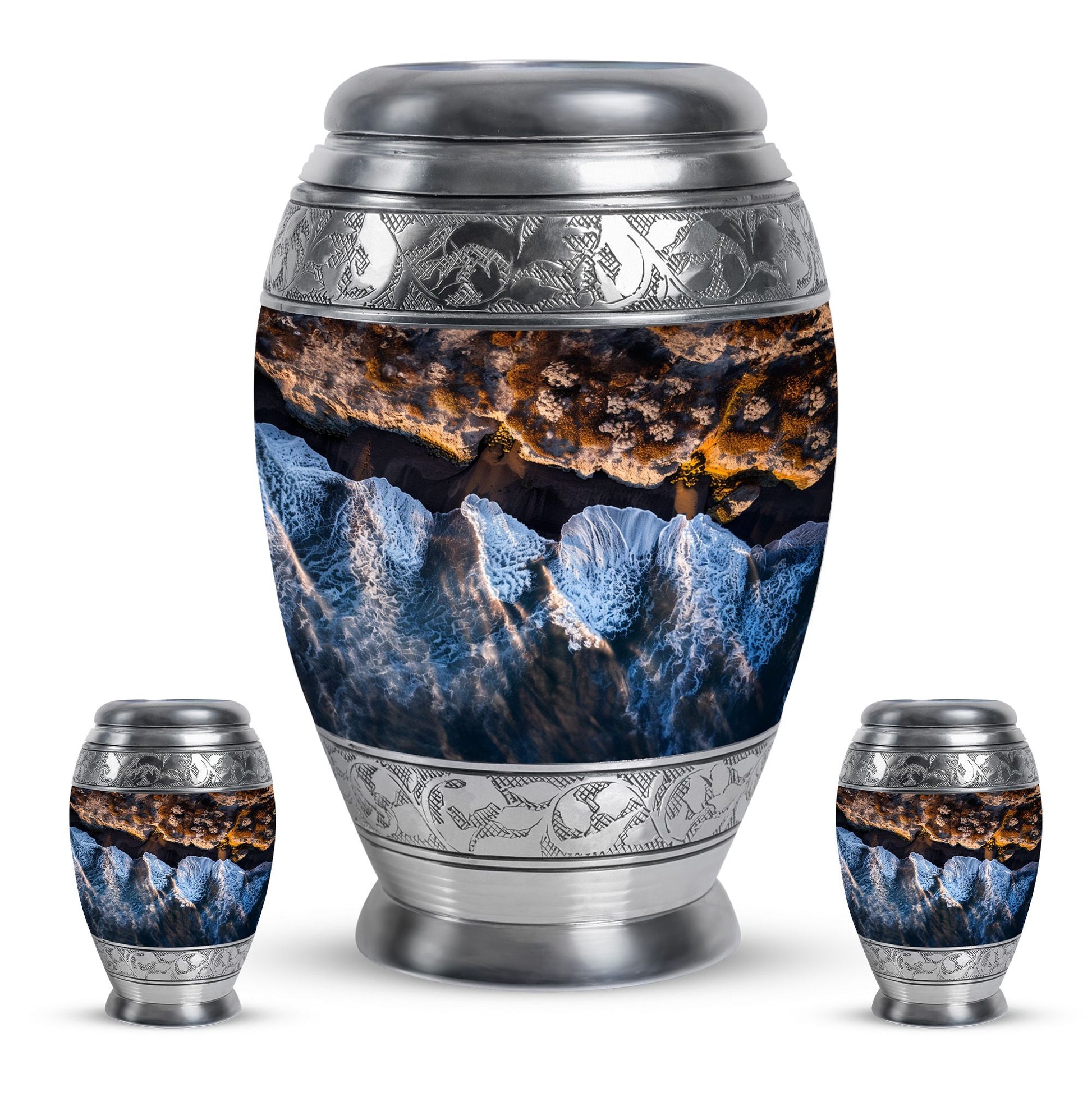 Ocean Waves Theme Large Urn With 2 Keepsake Urn