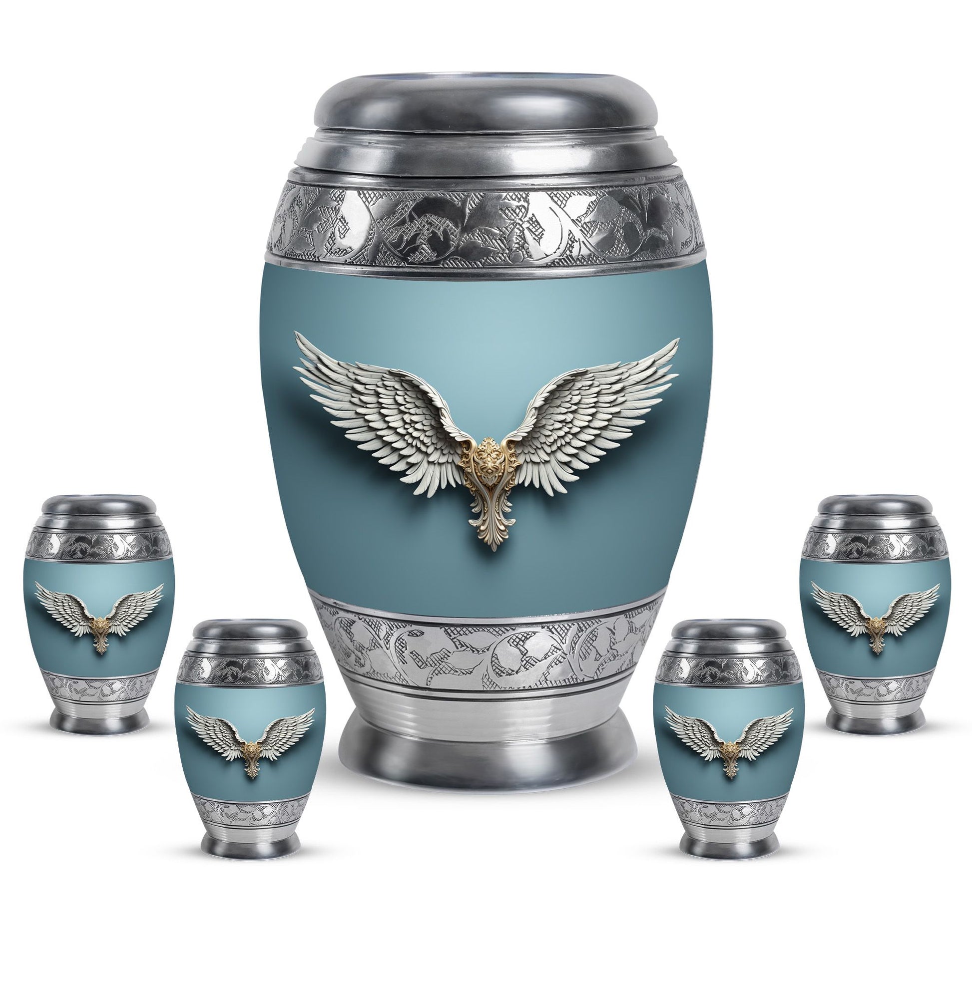 Wings Blue Theme Large Urn With 4 Keepsake Urn