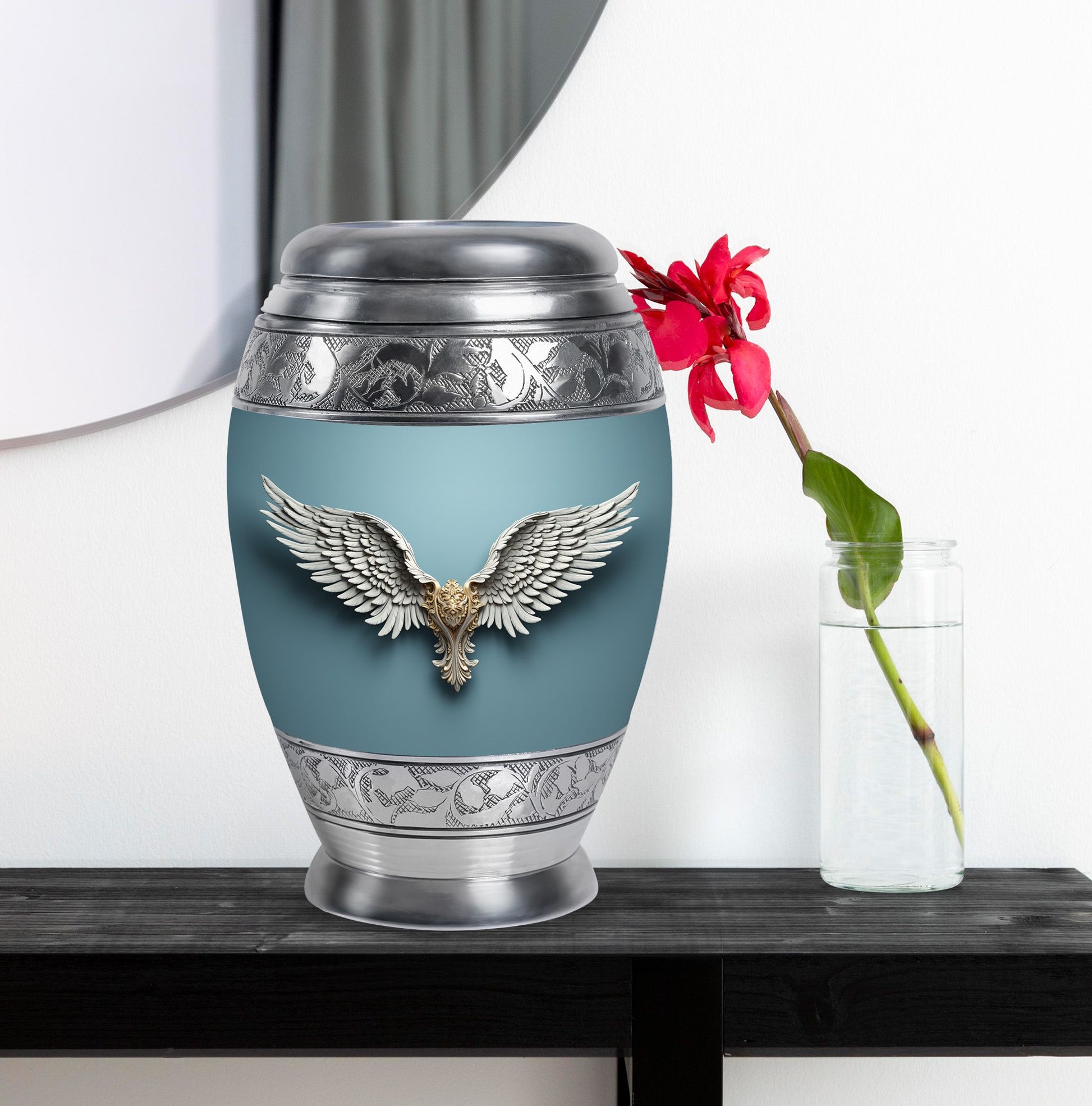 Wings Blue Theme Large Urn With 1 Keepsake Urn