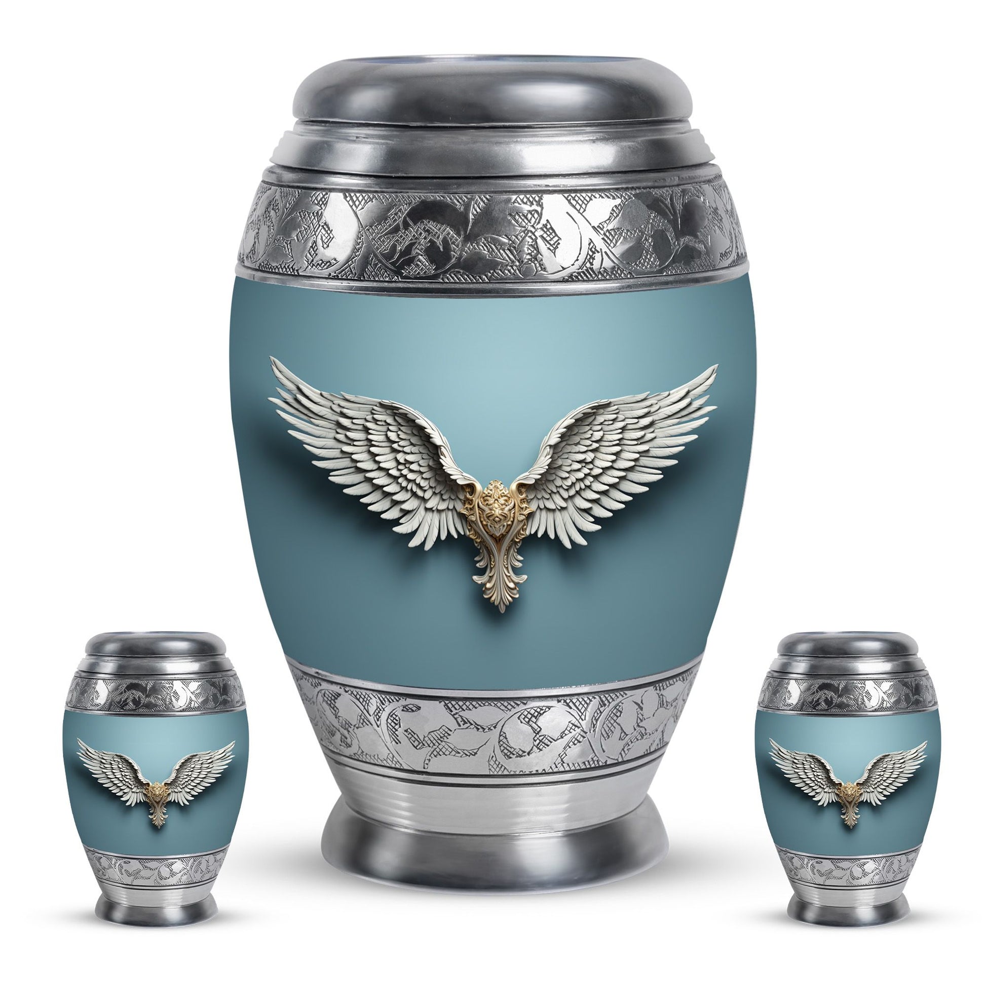 Wings Blue Theme Large Urn With 2 Keepsake Urn