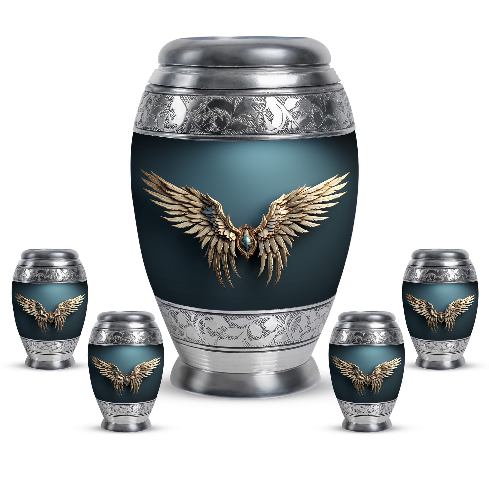 Wings Blue Theme Large Urn With 4 Keepsake Urn
