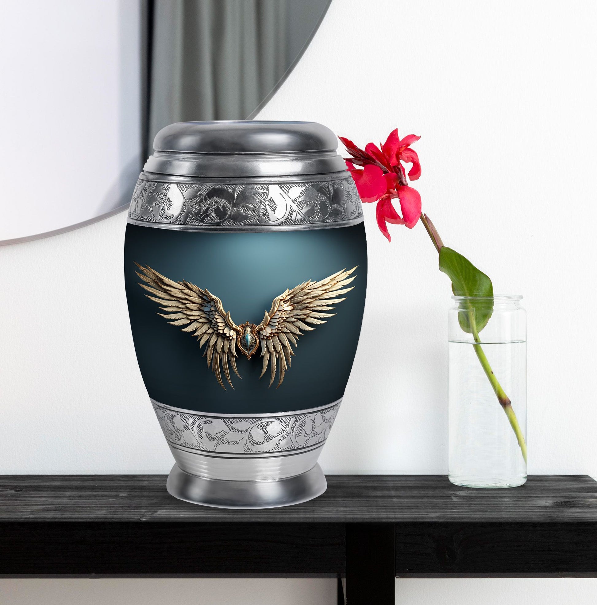 Wings Blue Theme Large Urn With 1 Keepsake Urn