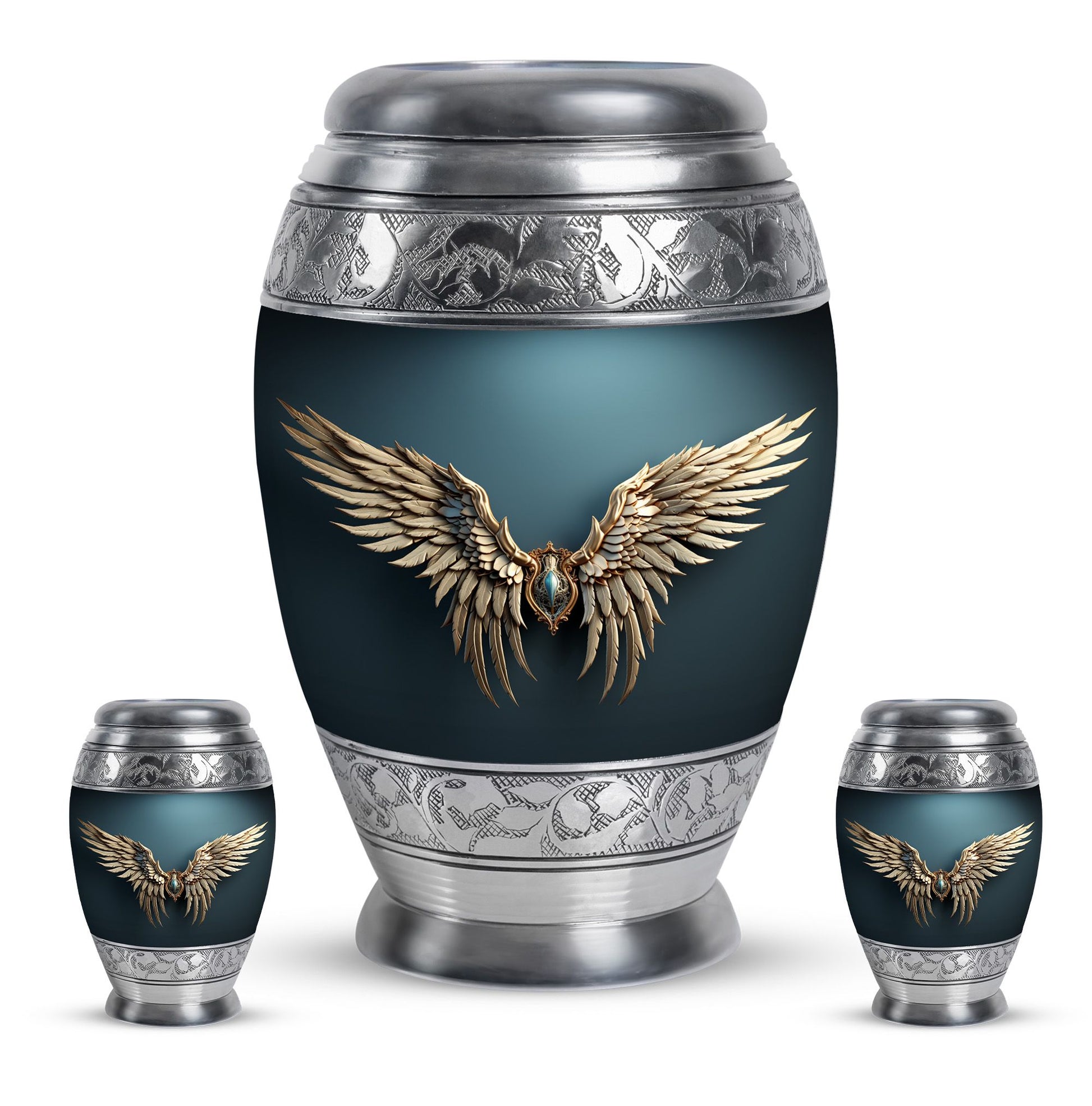 Wings Blue Theme Large Urn With 2 Keepsake Urn