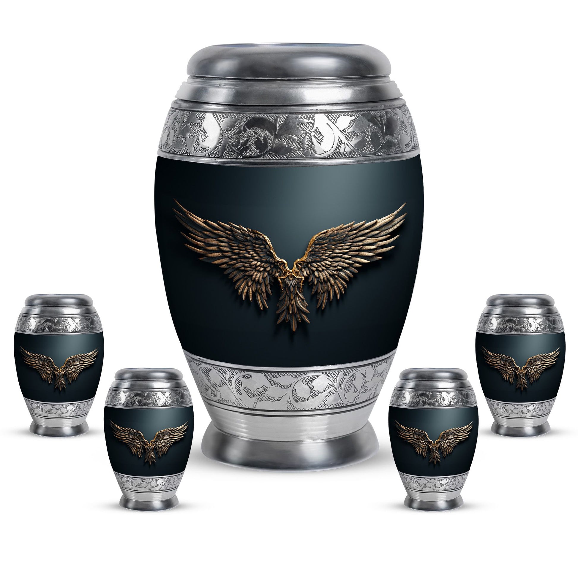 Wings Blue Theme Large Urn With 4 Keepsake Urn