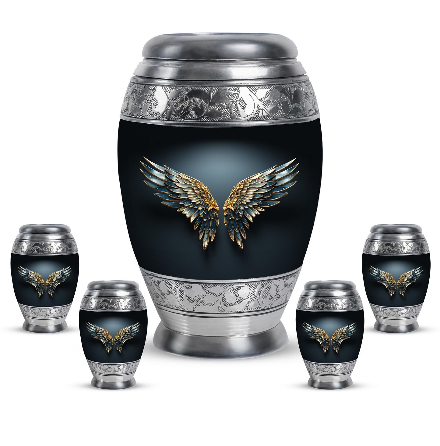 Wings Blue Theme Large Urn With 4 Keepsake Urn