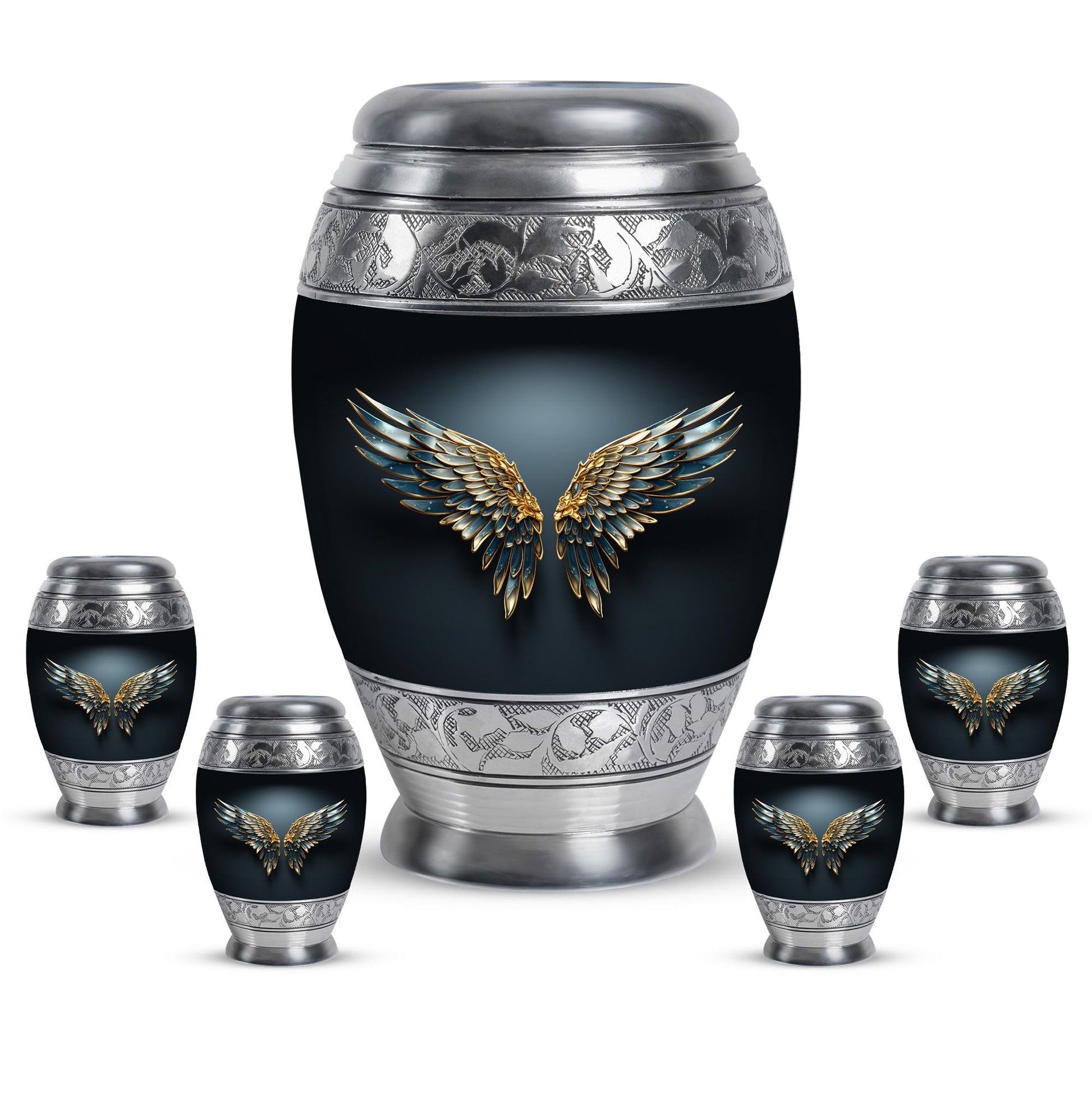 Wings Blue Theme Large Urn With 4 Keepsake Urn