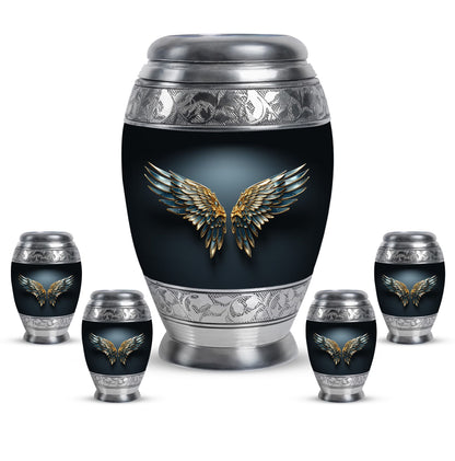 Wings Blue Theme Large Urn With 4 Keepsake Urn