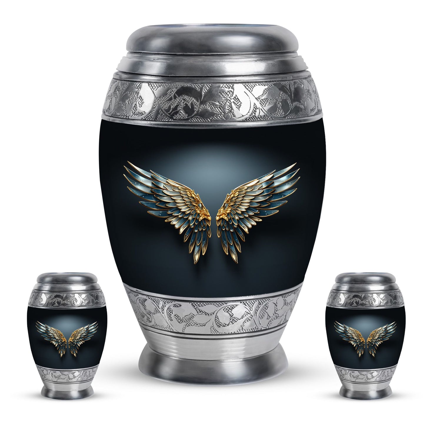 Wings Blue Theme Large Urn With 2 Keepsake Urn