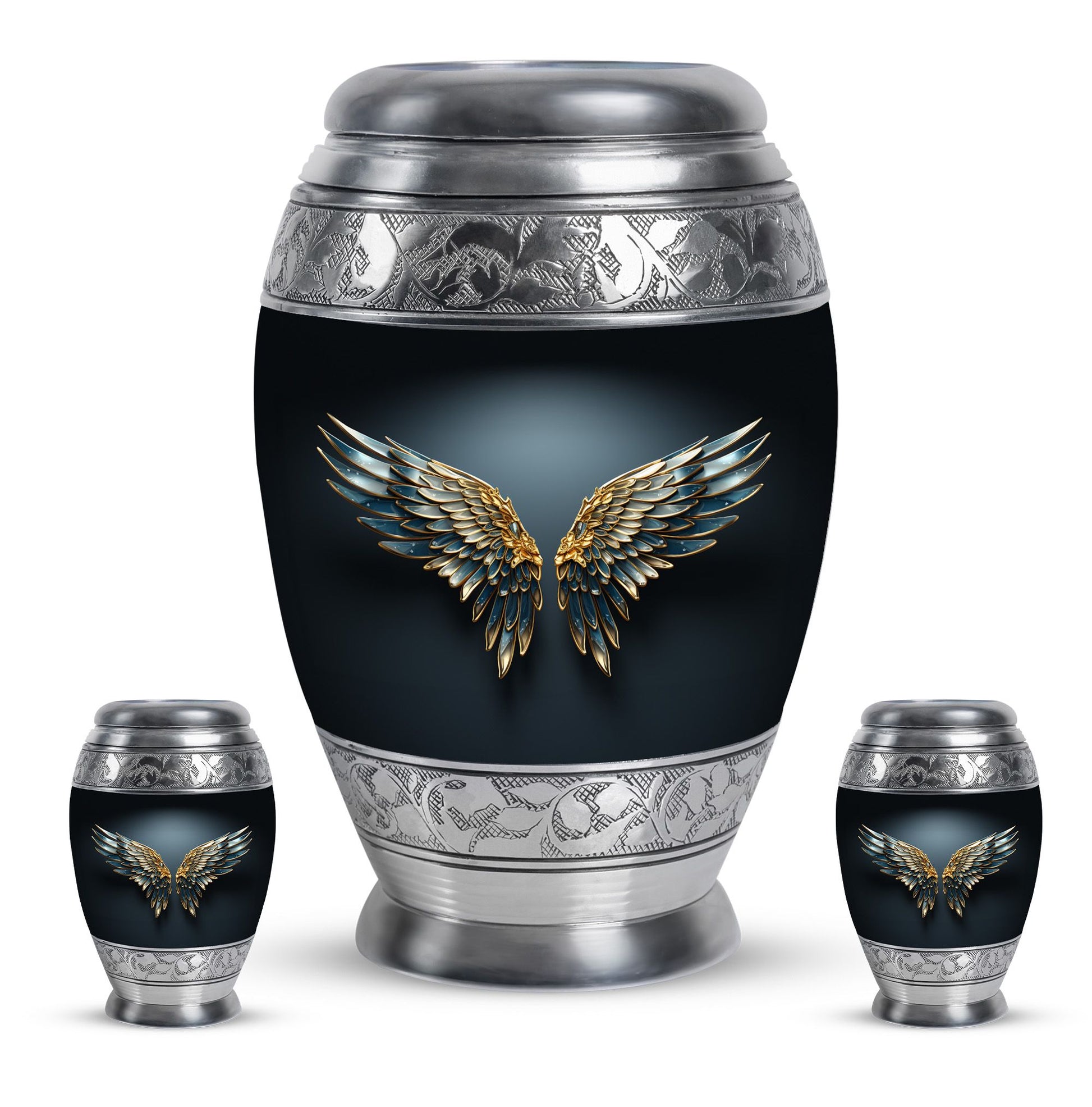 Wings Blue Theme Large Urn With 2 Keepsake Urn