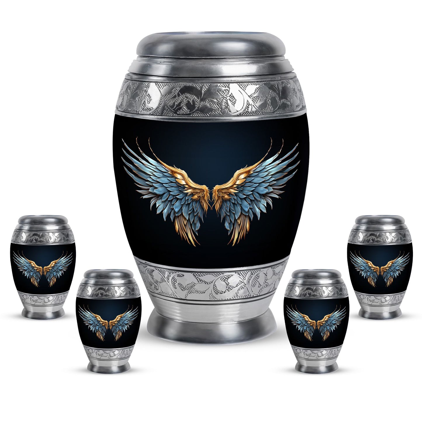 Wings Blue Theme Large Urn With 4 Keepsake Urn