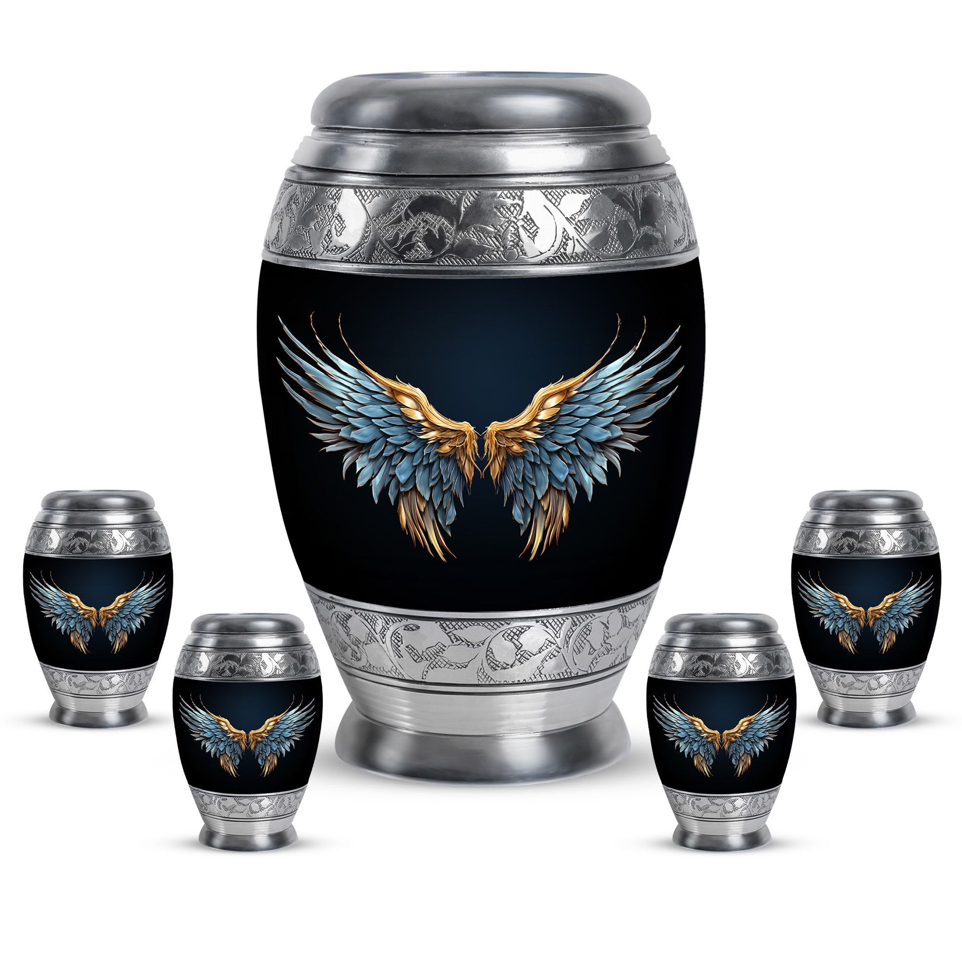 Wings Blue Theme Large Urn With 4 Keepsake Urn