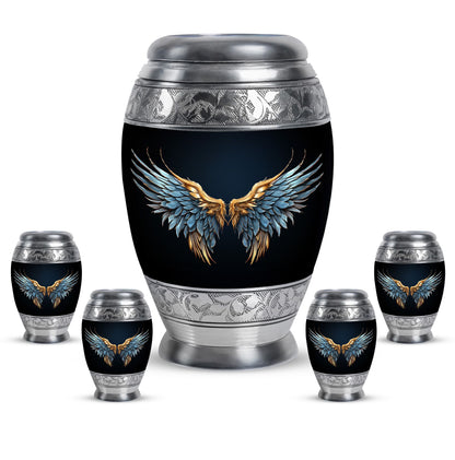 Wings Blue Theme Large Urn With 4 Keepsake Urn