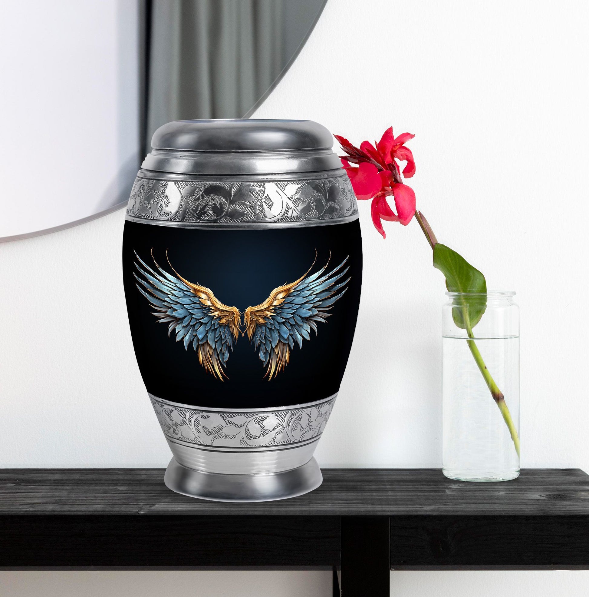 Wings Blue Theme Large Urn With 1 Keepsake Urn