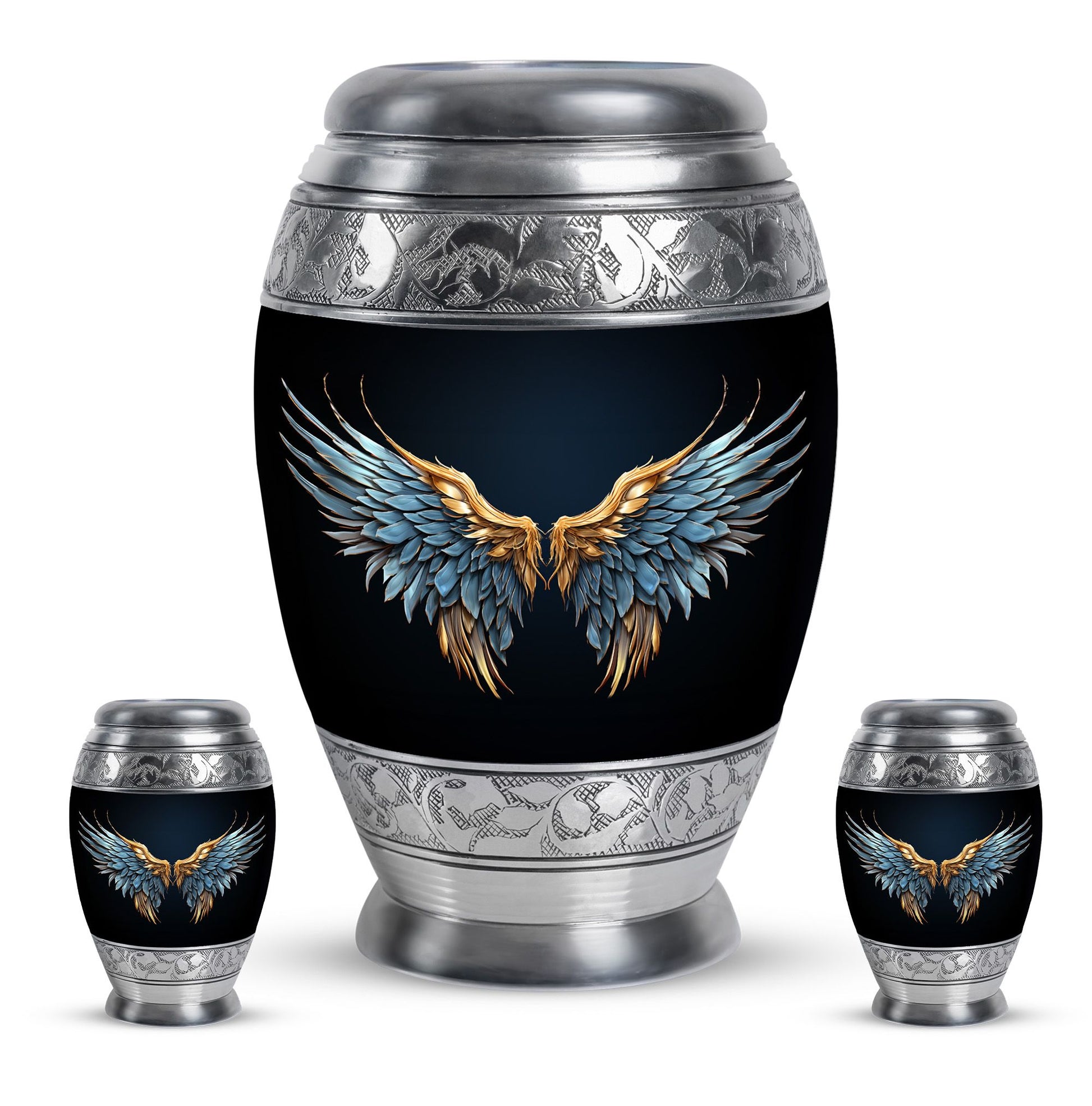 Wings Blue Theme Large Urn With 2 Keepsake Urn