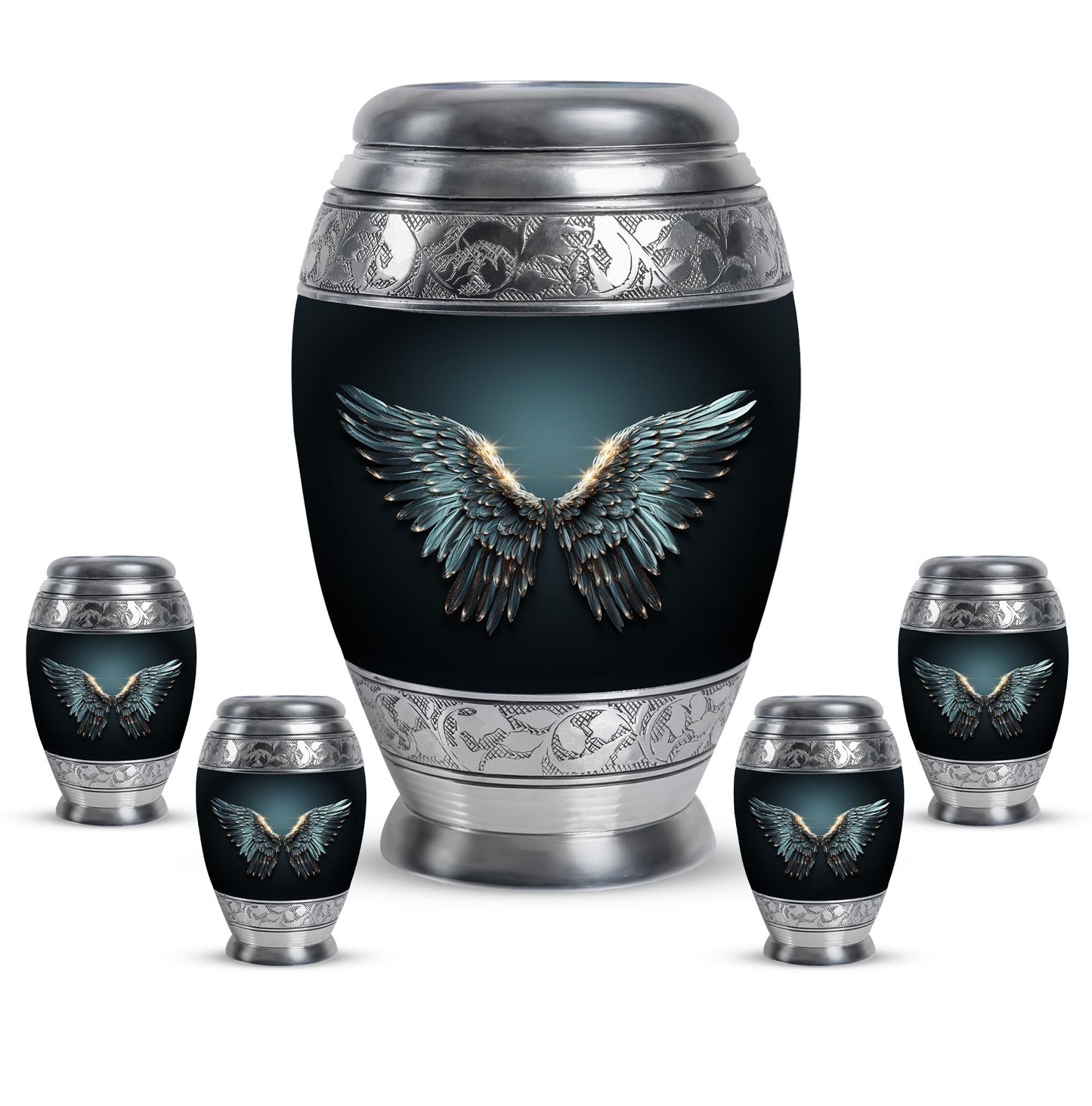 Wings Blue Theme Large Urn With 4 Keepsake Urn