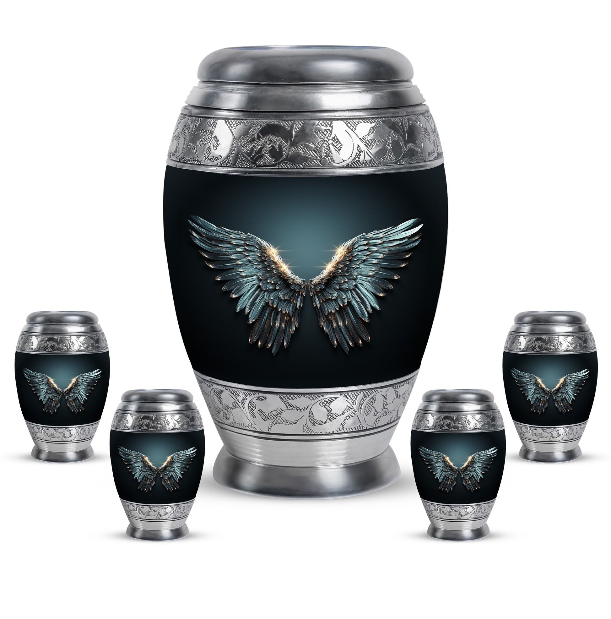 Wings Blue Theme Large Urn With 4 Keepsake Urn