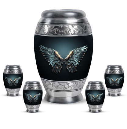 Wings Blue Theme Large Urn With 4 Keepsake Urn