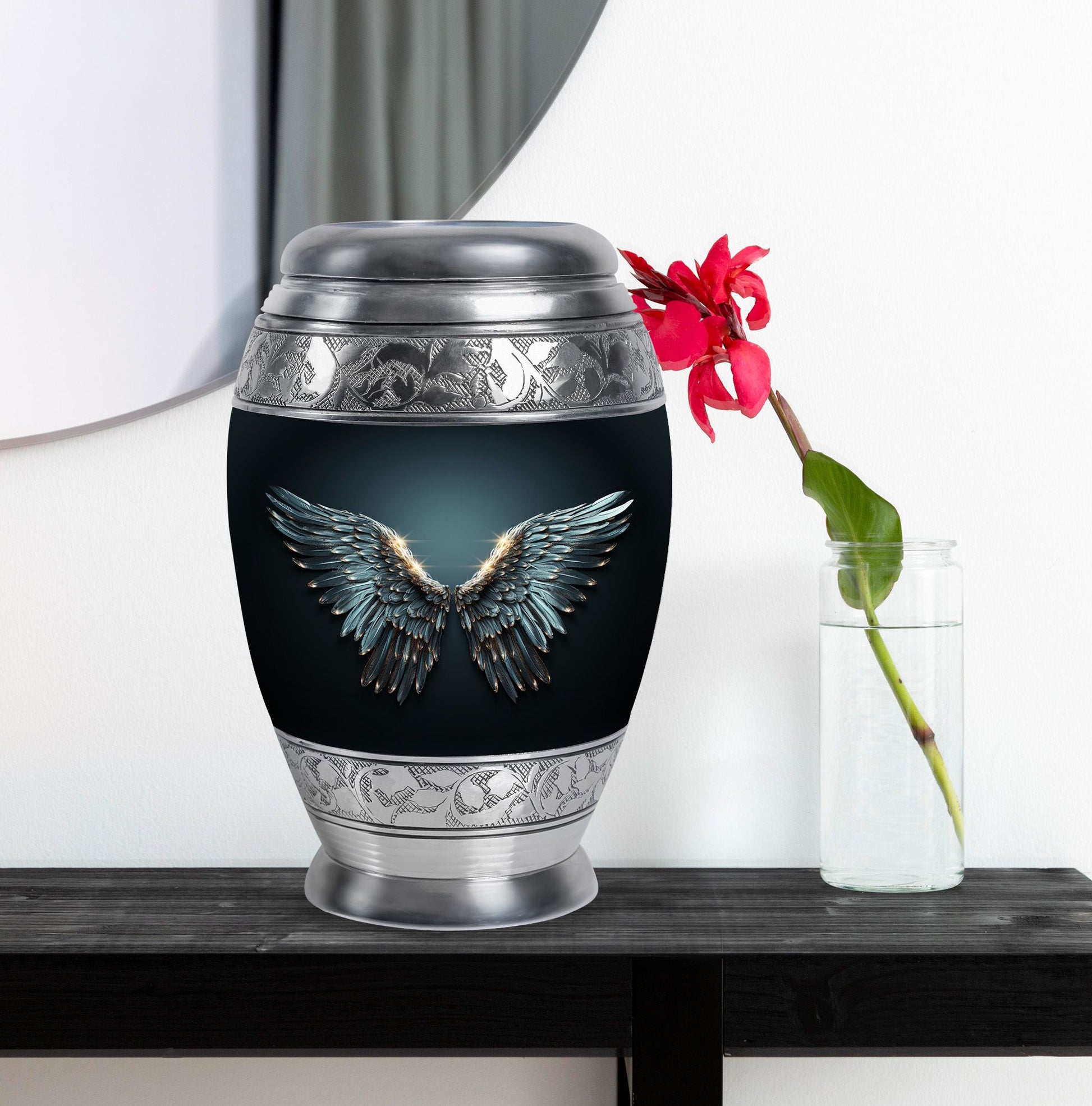 Wings Blue Theme Large Urn With 1 Keepsake Urn