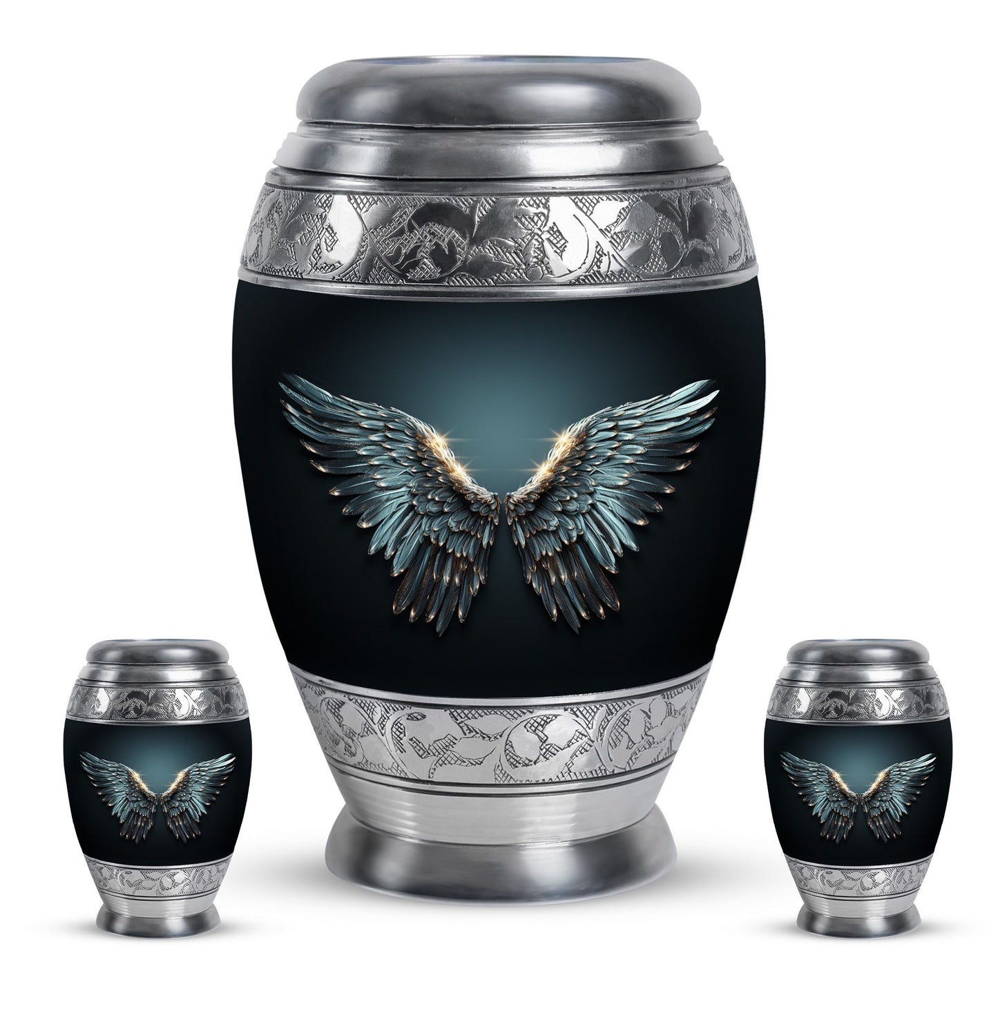 Wings Blue Theme Large Urn With 2 Keepsake Urn