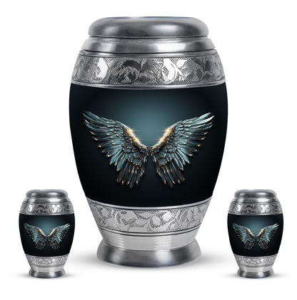 Wings Blue Theme Large Urn With 2 Keepsake Urn