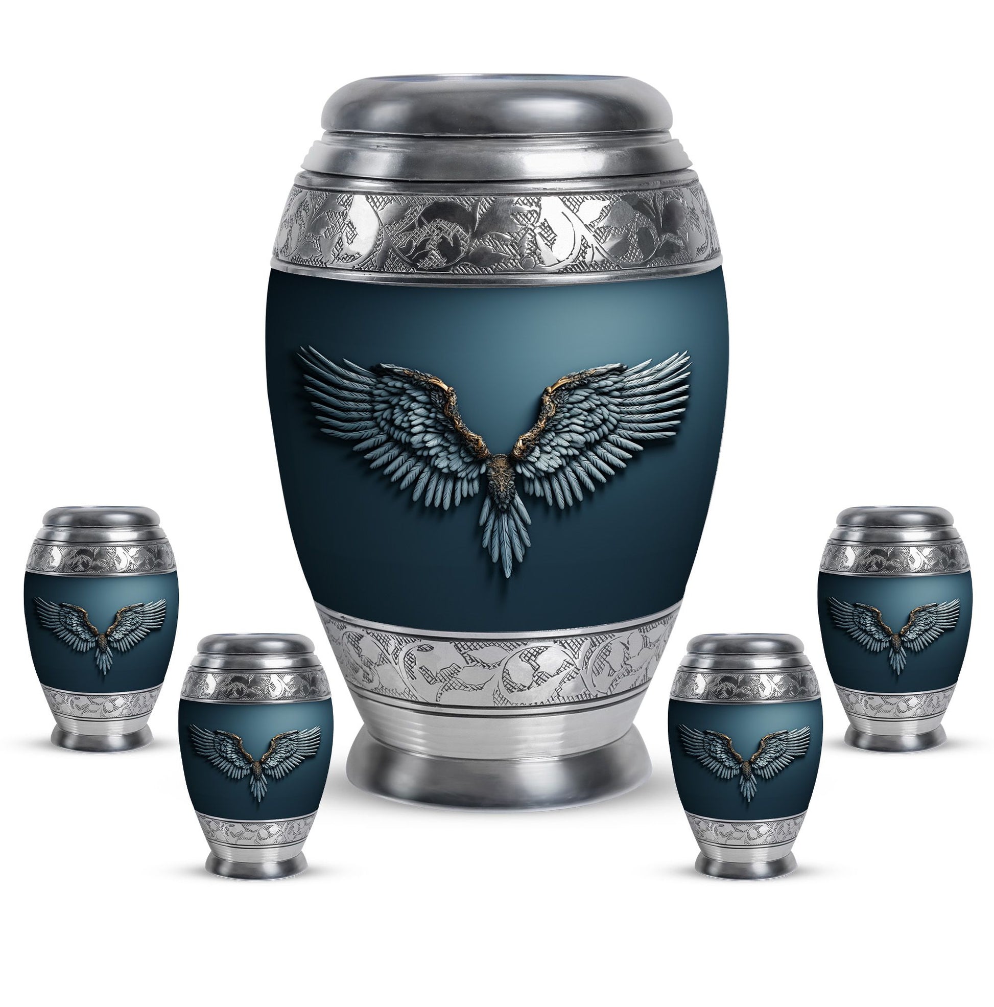 Wings Blue Theme Large Urn With 4 Keepsake Urn