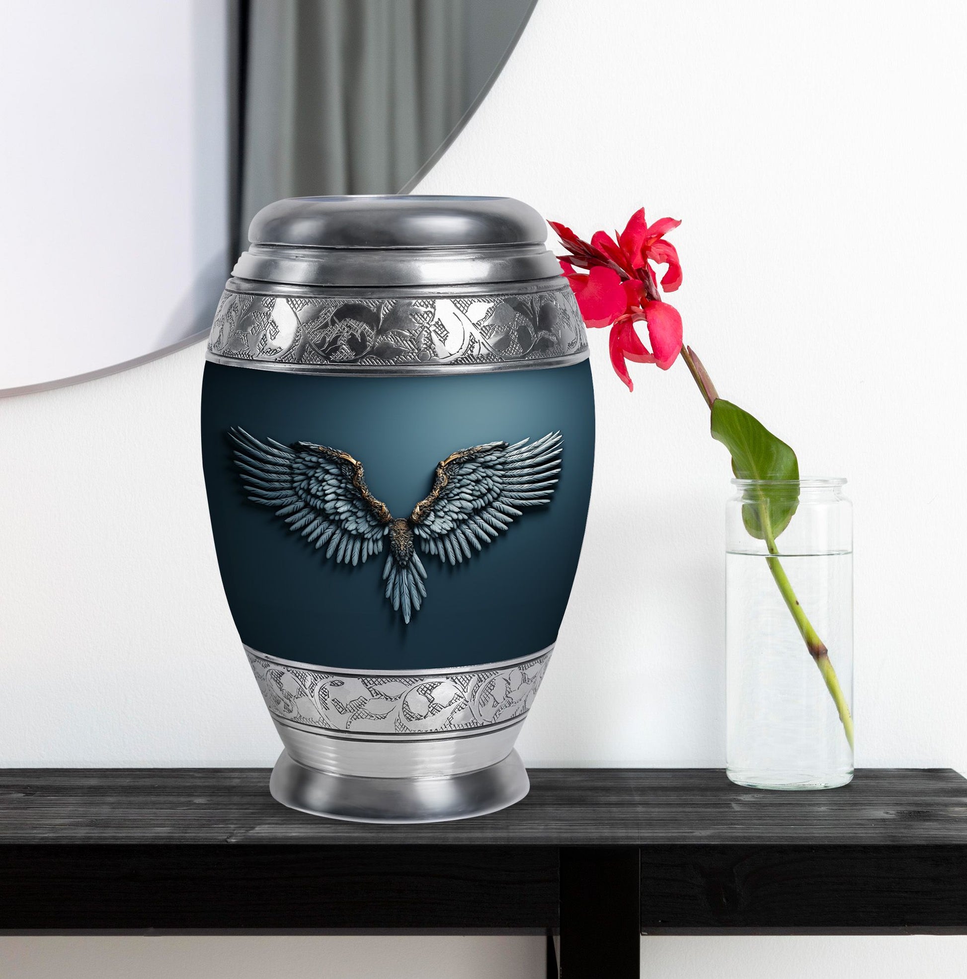Wings Blue Theme Large Urn With 1 Keepsake Urn