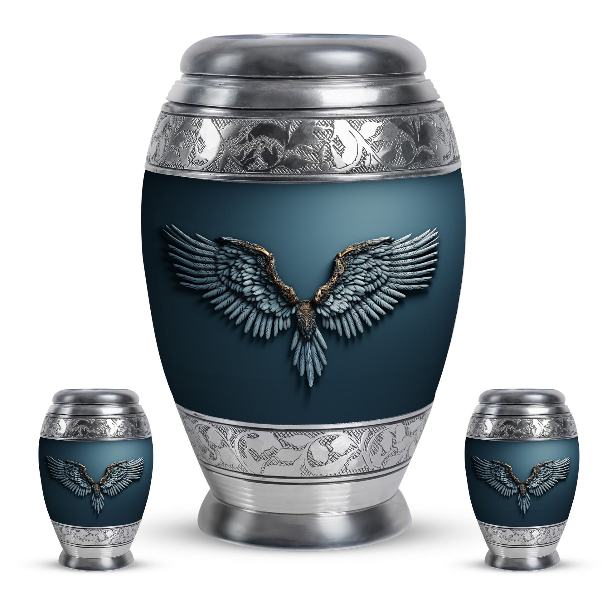 Wings Blue Theme Large Urn With 2 Keepsake Urn