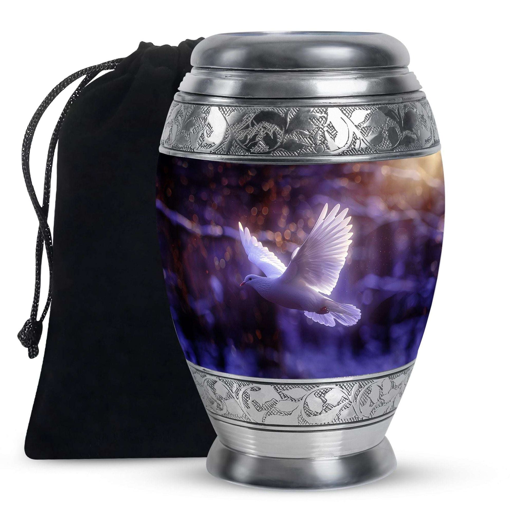 White Dove On Purple Theme Large Urn 10 Inch