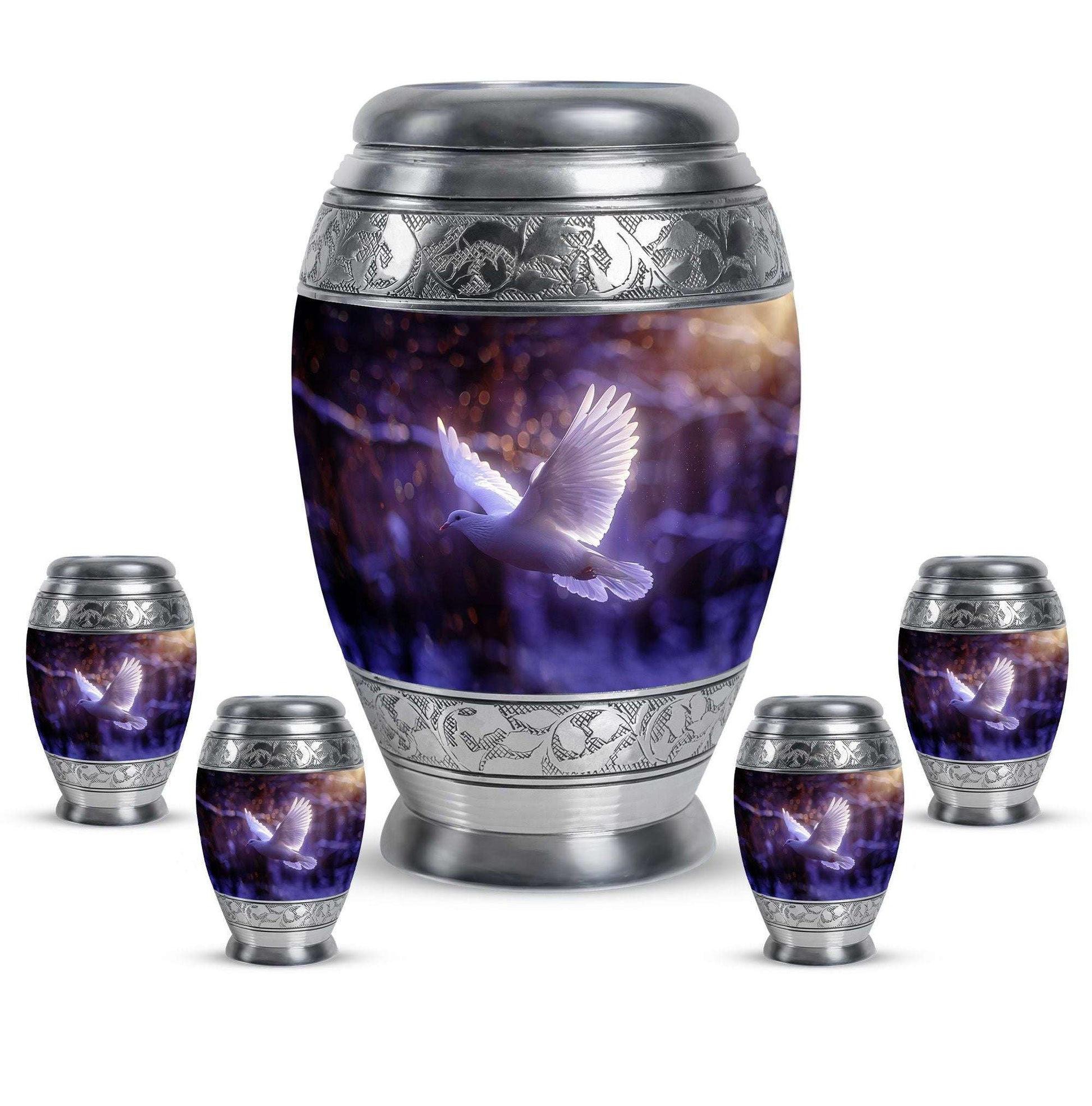 White Dove On Purple Theme Large Urn With 4 Keepsake Urn