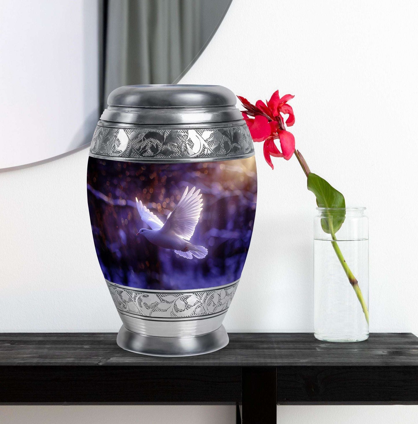 White Dove On Purple Theme Large Urn With 1 Keepsake Urn